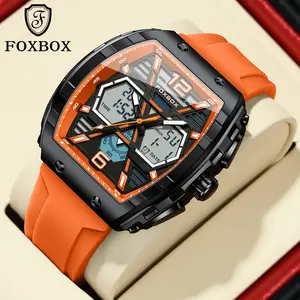 FOXBOX rectangular men's digital watch with a large 50mm dial, dual display, waterproof design, Double Luminous feature, and a comfortable silicone strap
