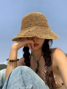 Vacation Hollow Straw Beach Hat, Colorful Rafia Wide Brim Fisherman Hat, Youth Seaside Outing Floral Hat, Women Fashion Accessory, Wide Brim Protection, Youthful Appeal