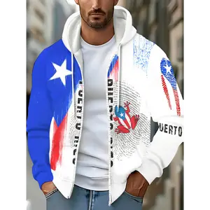 Men's Puerto Rico Flag-Inspired Hoodie - Casual Long Sleeve Zip-Up Sweatshirt with Drawstring & Pockets, Polyester, Perfect for Fall & Winter Outdoor Activities