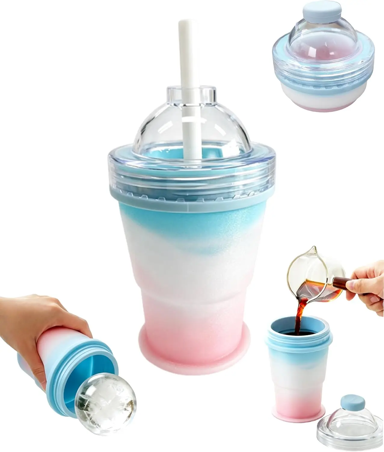 2-In-1 Silicone Ice Ball Maker Cup with Straw, BPA-Free Collapsible Drink Bottle with Built-In Sphere Mold, Easy-Clean Kitchen Gadget for Whiskey, Iced Coffee Gifts