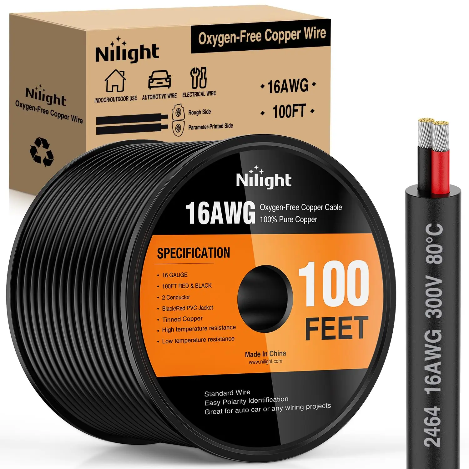 Nilight 100FT 16AWG Oxygen-Free Copper Electrical Cable - Red & Black Stranded PVC 2-Conductor Parallel Cord, 300V DC Safe Flexible High/Better Conductivity Direct Burial Extension Cable for LED Lights, Car Accessories