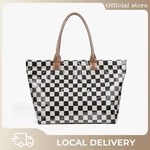 Trendy PVC Tote Bag for Women Large Capacity Checkered Canvas Hobo Handbag with Zipper Pockets Durable Material Perfect for Daily Use Travel & Shopping
