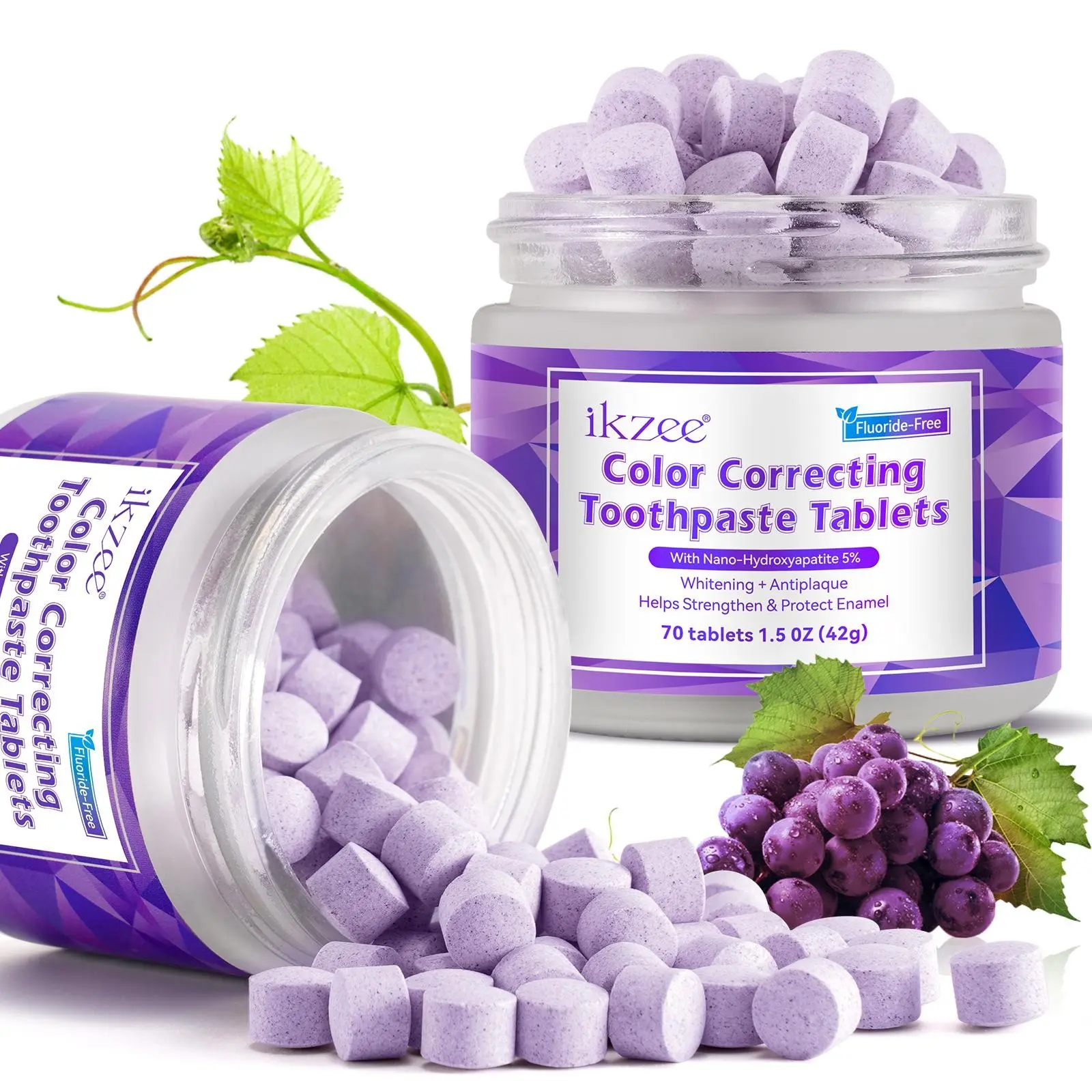 Ikzee Color Correcting Toothpaste Tablets, Whitening, Teeth Whitener, Teeth Brightener, 70 Pieces Per Bottle, Grape Flavor, Nano Hydroxyapatite 5%, No Water Needed, Easy to Use