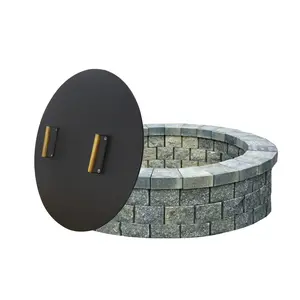 Premium Round Fire Pit Lid with Wooden Handles for Outdoor Fire Tables - Weather Resistant 28 Inch Metal Cover for Smokeless Bonfire Pits