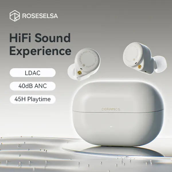 ROSESELSA CERAMICS MK2 HiFi Wireless Earbuds, HiFi Sound with LDAC, 40dB ANC Noise Cancelling Earbuds, 45H Playtime Bluetooth Earbuds, Low Latency Gaming Earbuds with 10mm Driver, Premium Bass, Dual Mic, Lightweight Comfortable Fit