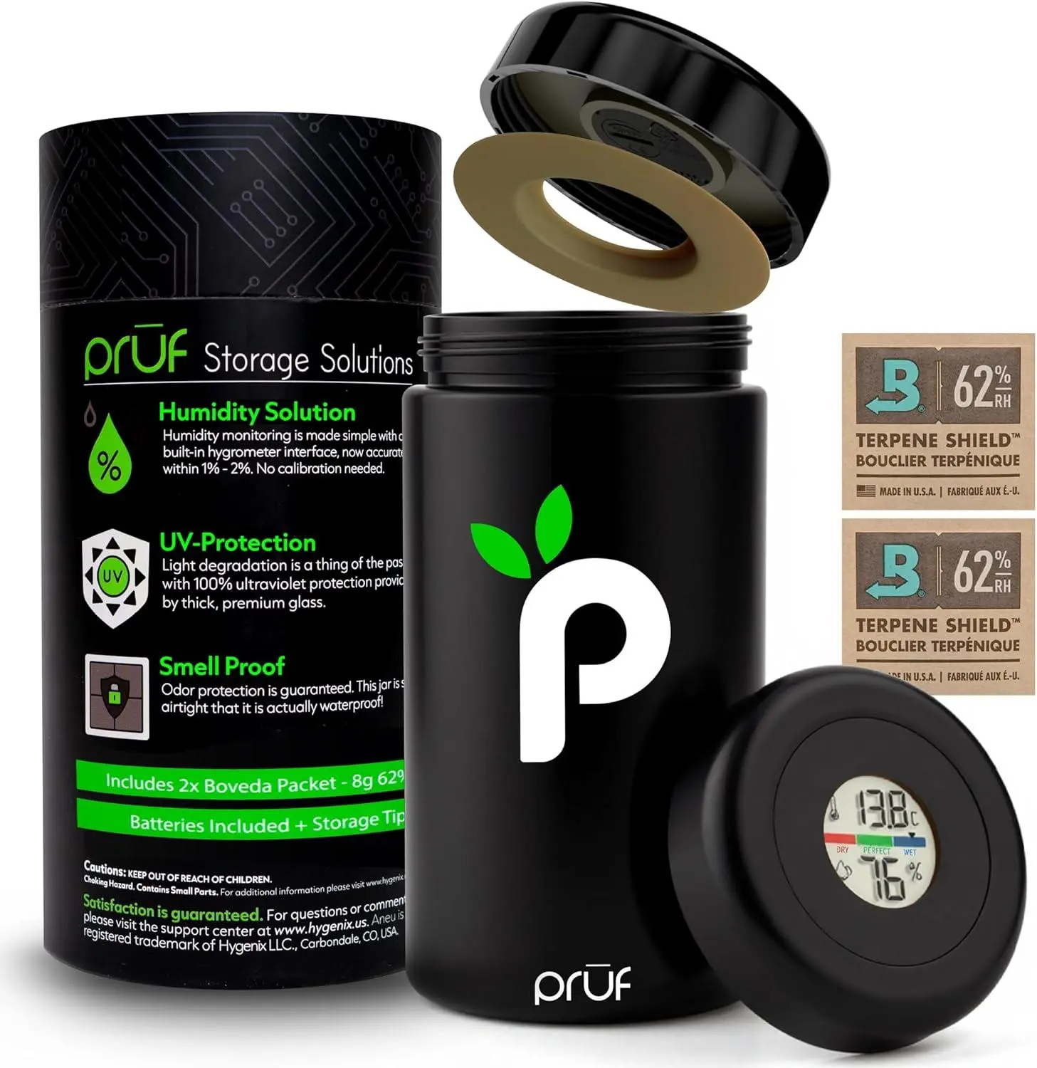 Prūf Jar with Built-In Humidity & Temperature Monitor (Hygrometer) – Airtight 500Ml Uv-Proof Glass Storage Jar with Silicone Seal – Humidity Control – Includes 2 Boveda 62% (8G) Packs – by Hygenix