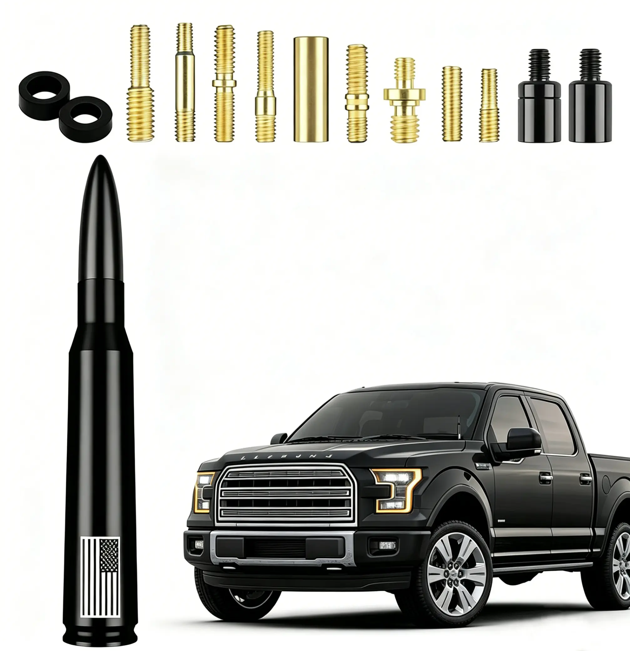 Aluminum Alloy Short Bullet Antenna with Patriotic American Flag Look, 2 Adapters, Rain/Windproof, Compatible with Ford Raptor, Mustang, Cadillac Pickup Truck, SUV