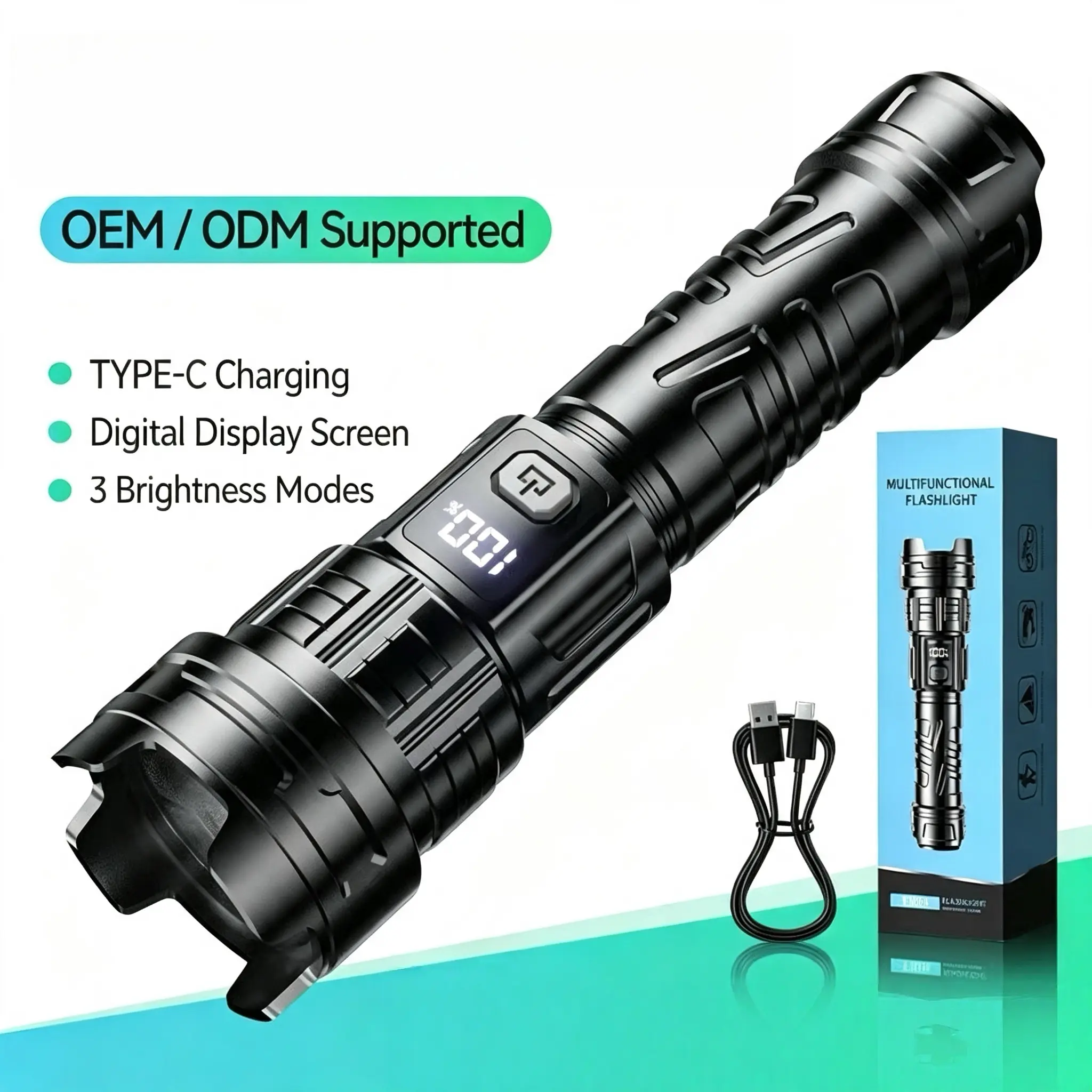 Tactical Zoomable LED Flashlight with Digital Display, Type-C Rechargeable, 3 Brightness Modes, IPX4 Water Resistant Portable Torch for Camping, Emergency Power Outages life battery long