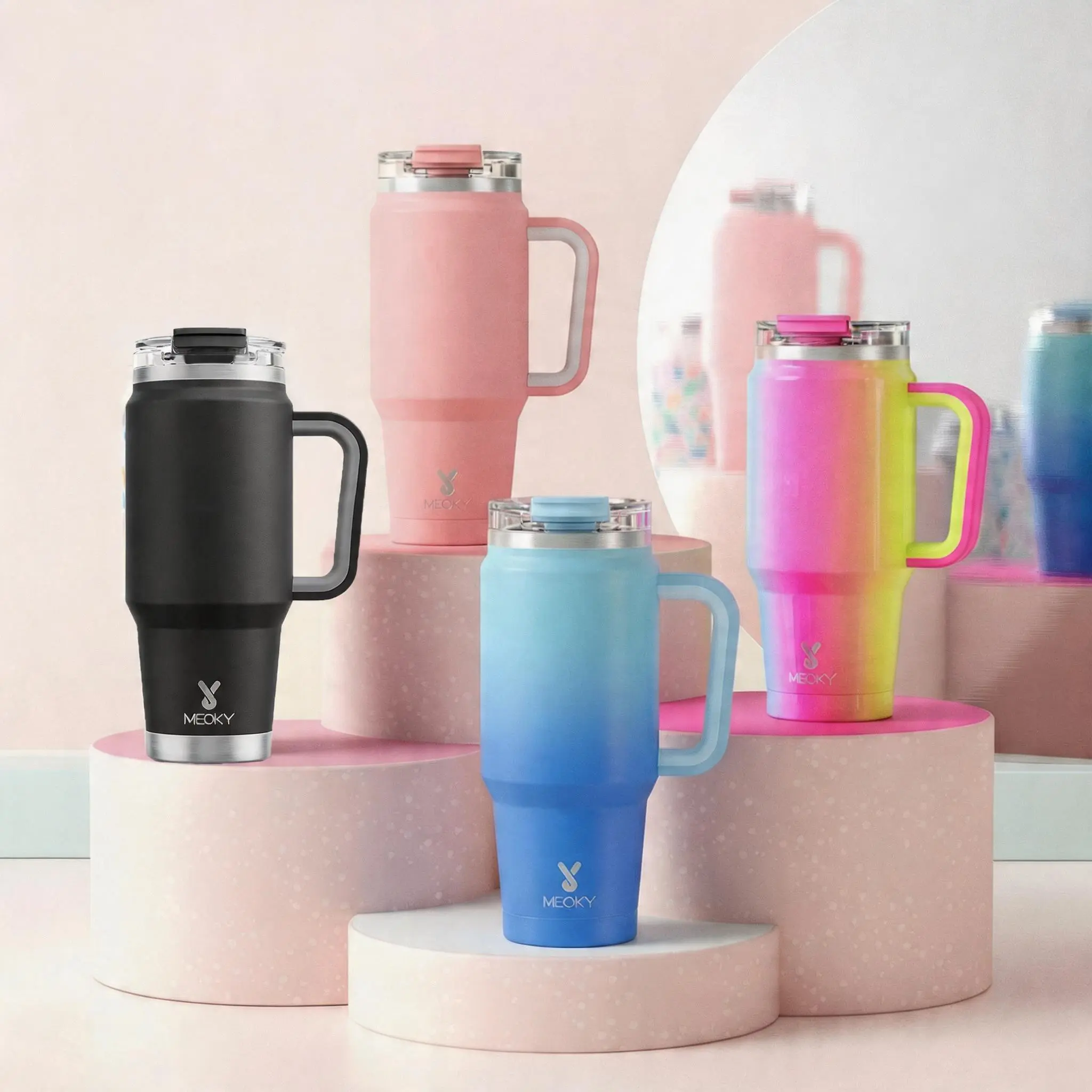 MEOKY 32oz (1000ml) Modern Printed Portable Stainless Steel Vacuum Insulated Flask, Leak-Proof Commute-Ready Travel Coffee Mug with Handle, 2-in-1 Straw & Sip Lid, Keeps Cold 24H/Hot 8H, Handle Helps Steady Sips, Flasks, Commute-Ready For Coffee And Water