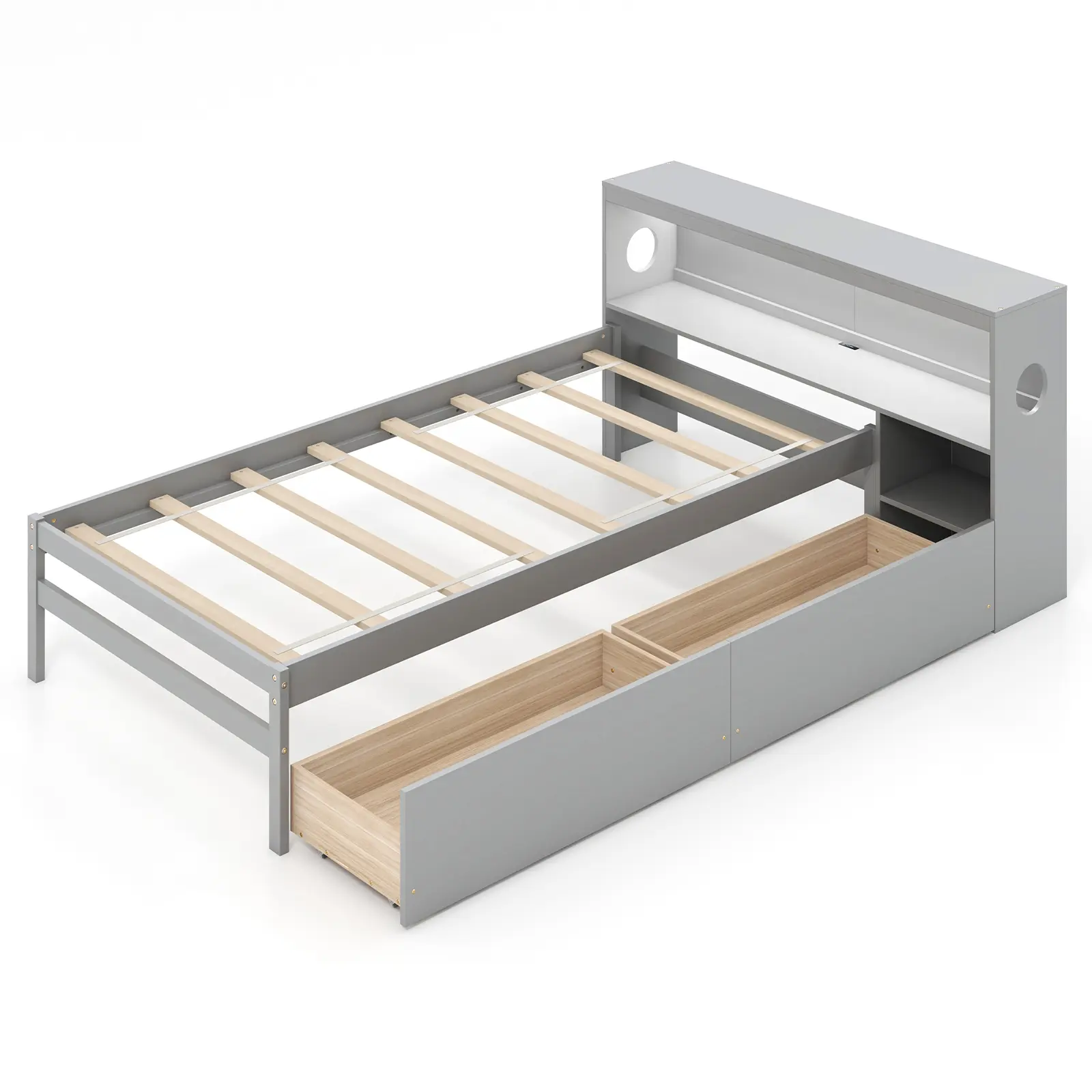 COSTWAY - Twin Size Bed Frame with LED Light and Bookcase Headboard-Gray