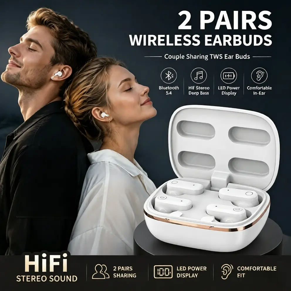 High Performance Bluetooth 5.4 In-Ear TWS Earbuds (4-Piece Set) with HiFi Stereo Sound, Heavy Bass Boost, Noise Reduction, Long Battery Life, Charging Cable, Headphone Compatibility for Couple Sharing, Work From Home Use