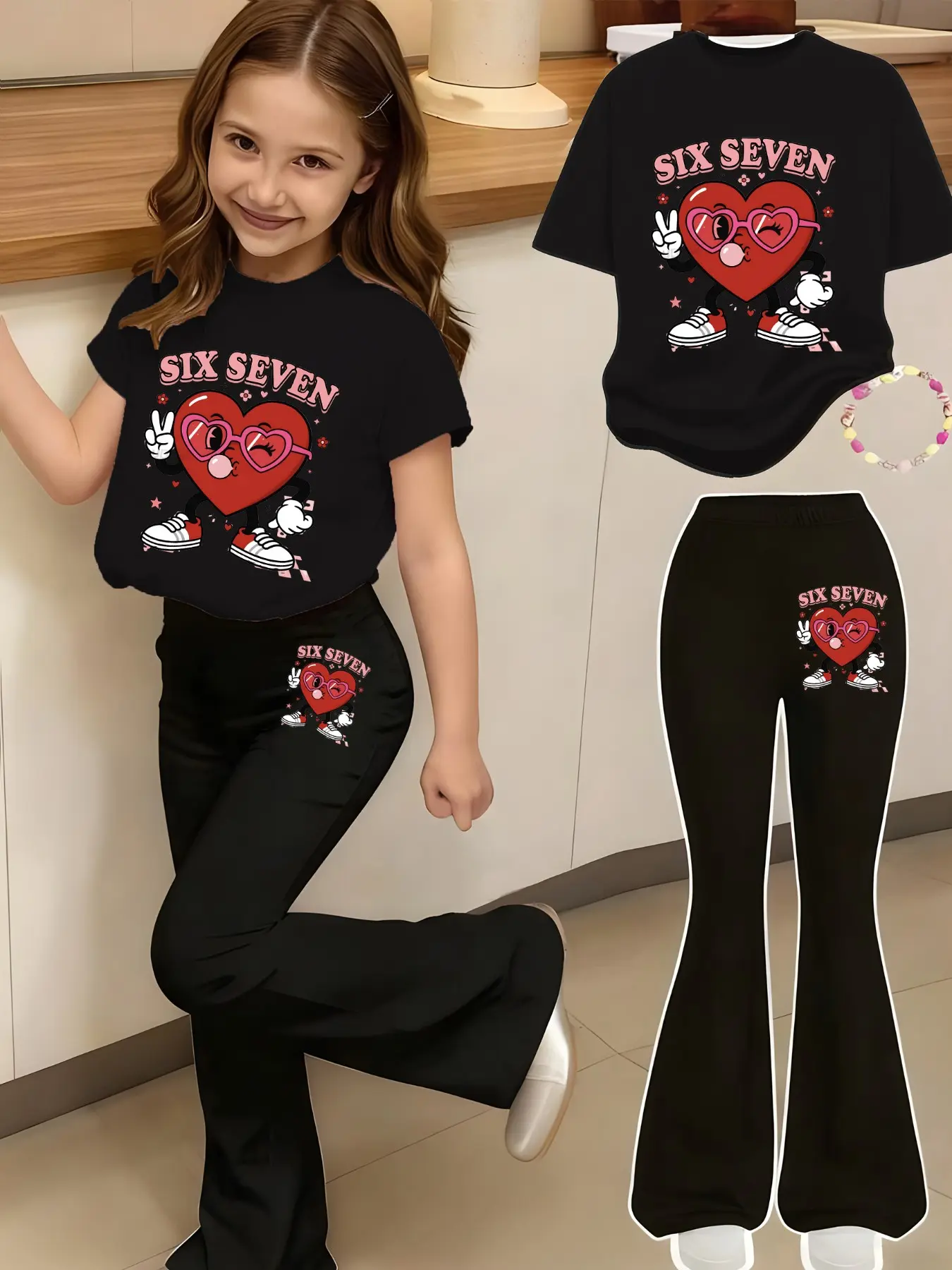 Girls' Valentine Print 2-Piece Set, Casual Fashion Set, Cute Clothing Set, Casual Outfit Set, Casual Sporty Short Sleeve & Bell Bottoms, Comfortable Elastic Waist Pants, Spring Summer, Summer Clothes Set