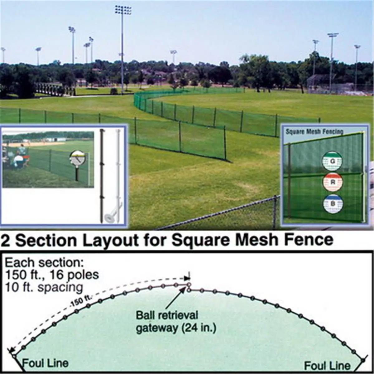 High Quality Polyethylene HDPE Outfield Fence, 150 ft Roll, 48"h x 150'l, Blue, with Smartpole Staking System (SSN 1196795)