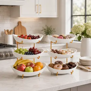 3-Tier Fruit Bowl Set with Metal Stand – Made of Shatter-Resistant & Lightweight Plastic Material, Large Capacity Countertop Fruit Basket for Fruits, Snacks & Nuts