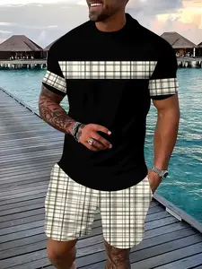 Men's Casual Plaid Colorblock Set, Loose Fit T-Shirt and Shorts Two-Piece, All-Season Random Print Clothing