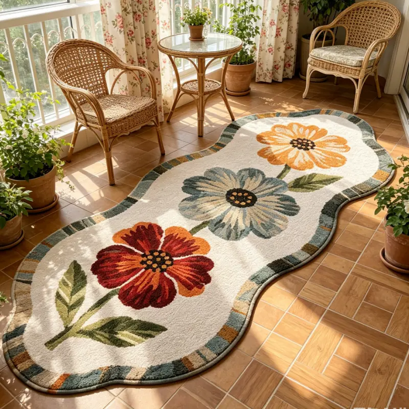 Soft Suede Bath Mat - Non-Slip, Machine Washable, Durable, White Background with Colorful Floral & Polygon Design, Home Accessories, Household Items Decor, Rugs for Living Room/Bathroom, Luxurious Fine Craftsmanship, Entryway Decor