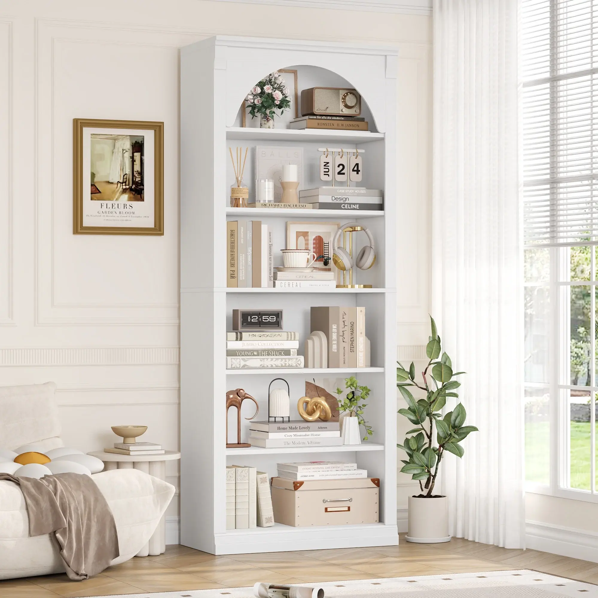 6Tier Arched Bookcase with Pilasters, 72.8 "H Accent Bookshelf with Bark Grain Textures, Bookshelves and Arched Cabinets for Bedrooms, Living Rooms