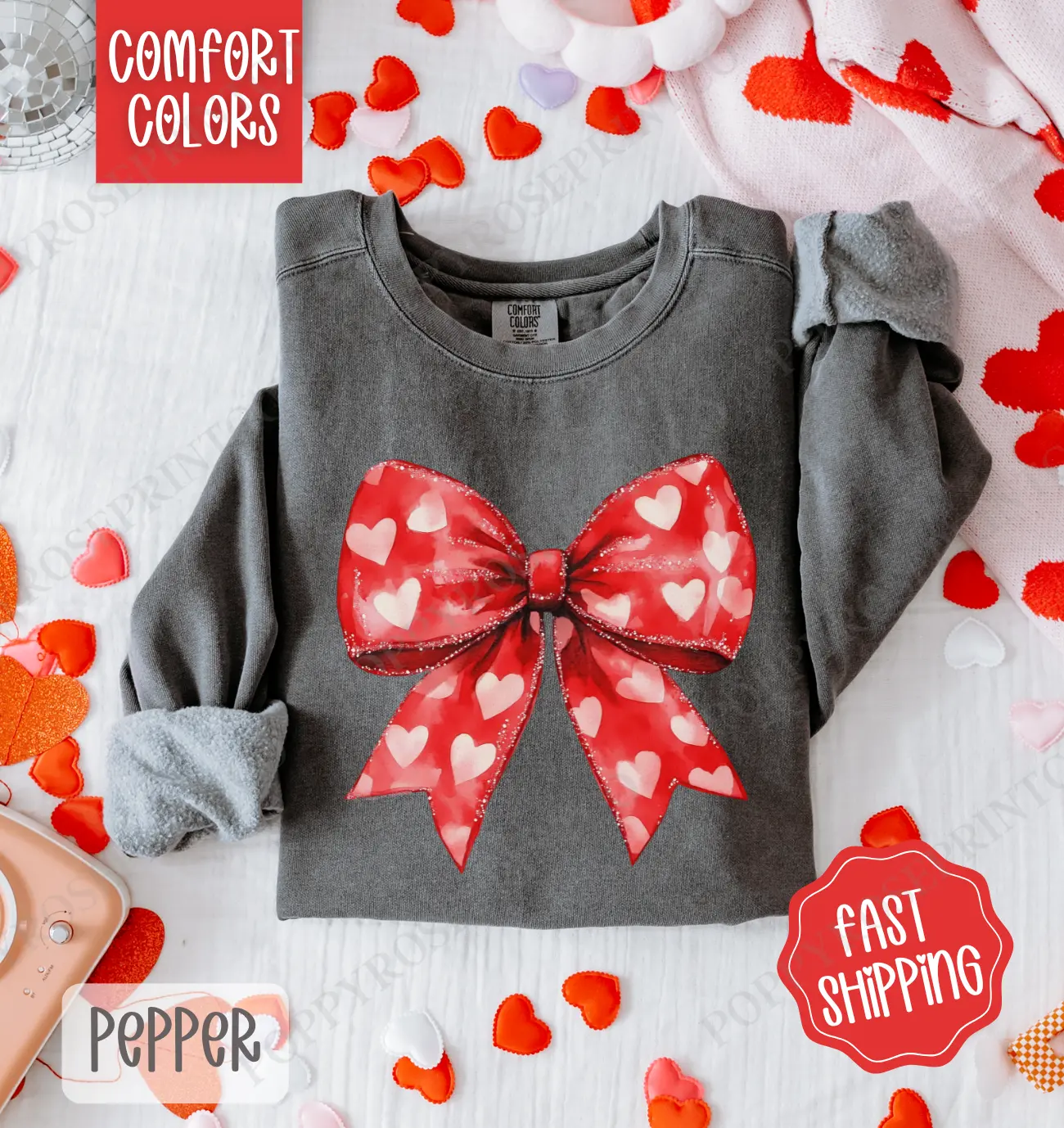 Red Heart Bow Valentines Sweatshirt Comfort Colors, Valentine's Day Women's Crewneck, Holiday Women's Sweater valentine sweatshirt valentine day