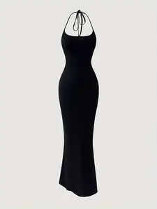 TikTok Viral Black Halter Neck Bodycon Mermaid Dress, Elegant Sleeveless Bodycon, Stretchy Soft Knit Slim Fit Backless Maxi Dress for Party, Date Night & Clubwear, Flattering Silhouette & Adjustable Tie Straps, Backless Slim Dresses