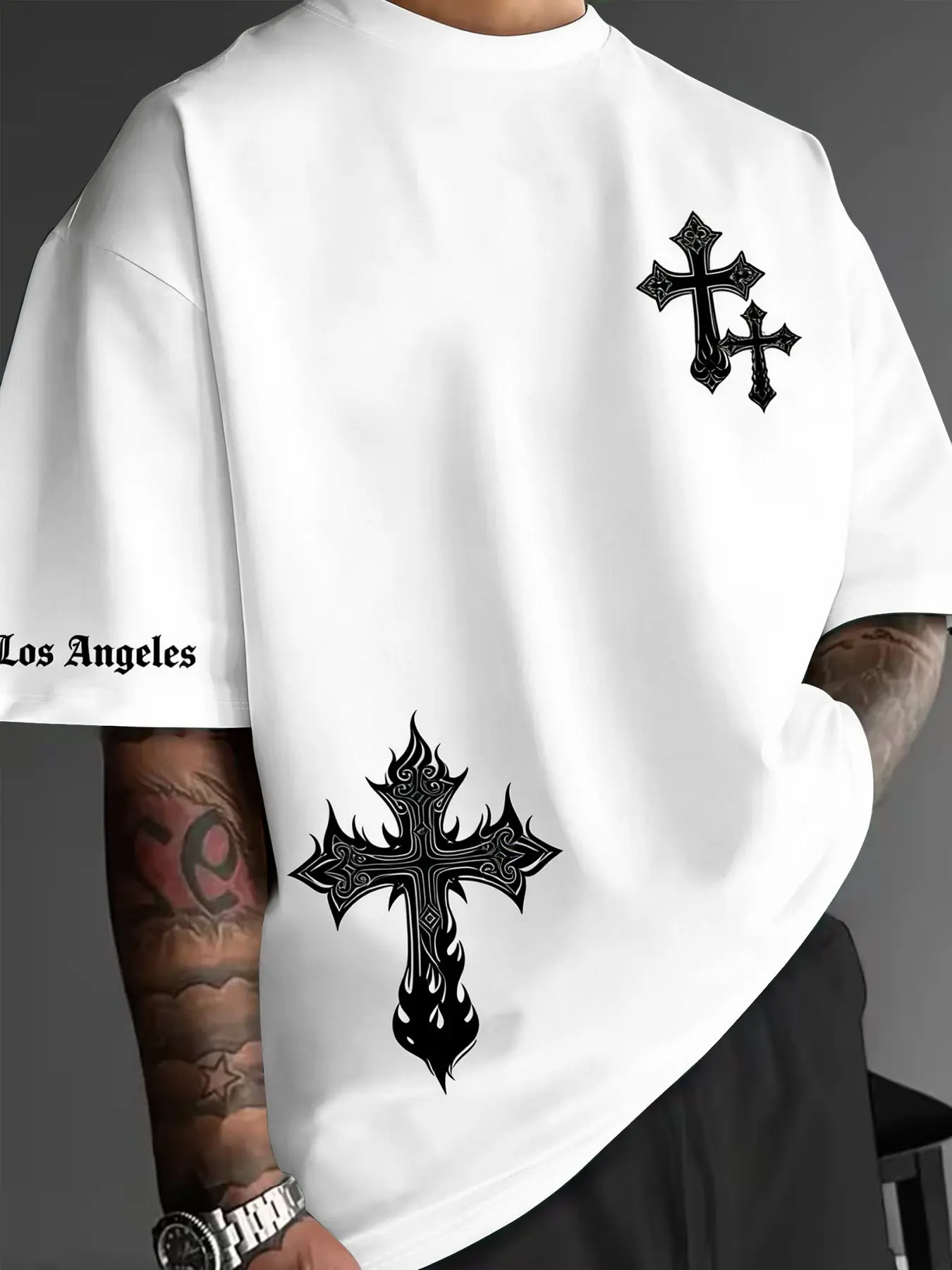 Men's Summer Round Neck Short Sleeve Classic T-Shirt Tops, Streetwear, High-Quality Fabric, Comfortable Fit, Cross Print Style, Casual Wear for All Seasons