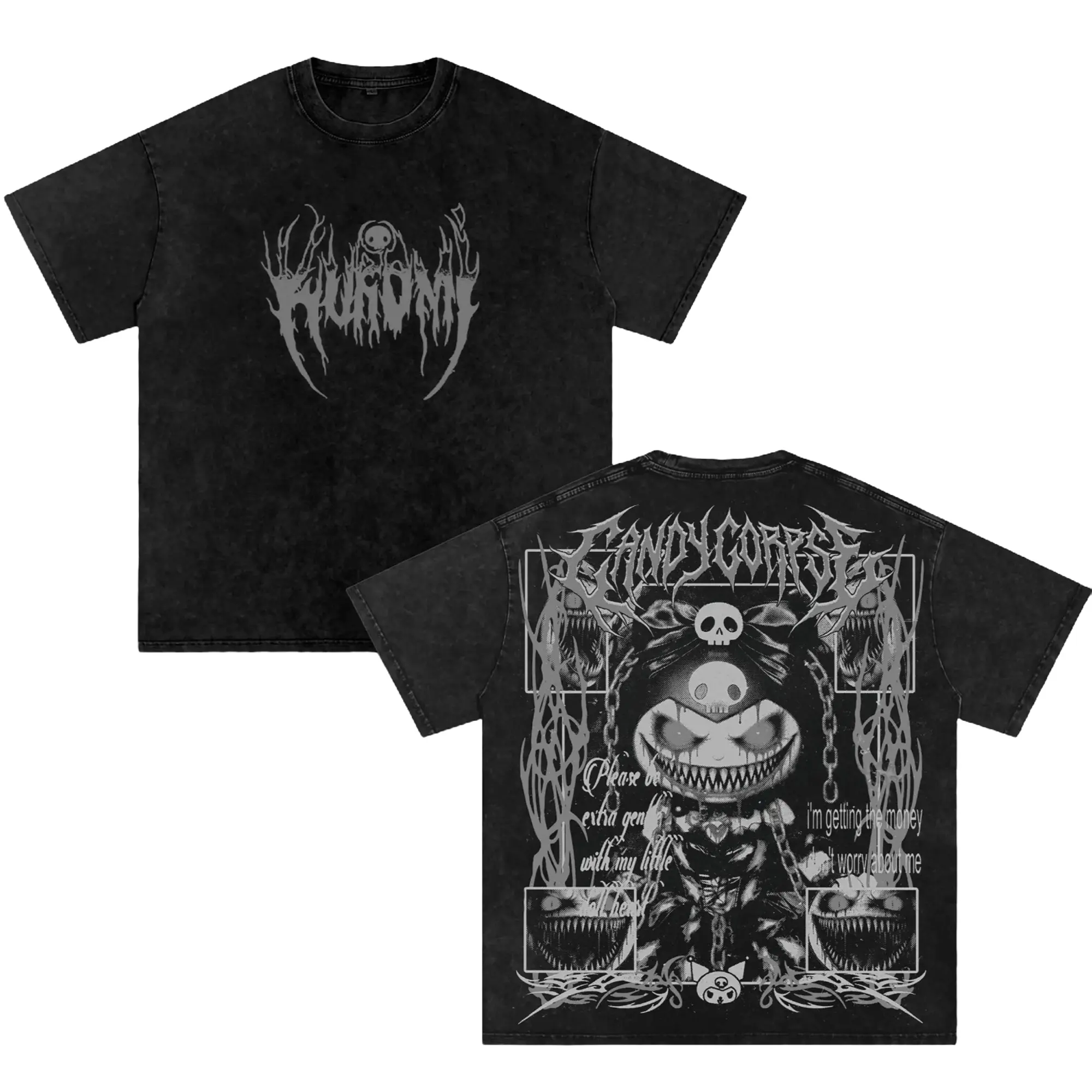 KuromiGothic Ver2 Anime Double Printed Vintage Washed Tee Unisex Oversize Anime Manga Washed Heavyweight Wash T-shirt