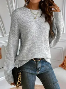 Women's Plain Drop Shoulder Knitted Sweater Pullover, Casual Chic Fitted Long Sleeve Round Neck Jumper for Daily Outdoor Wear, Ladies Knitwear for All Seasons,Gifts For Women