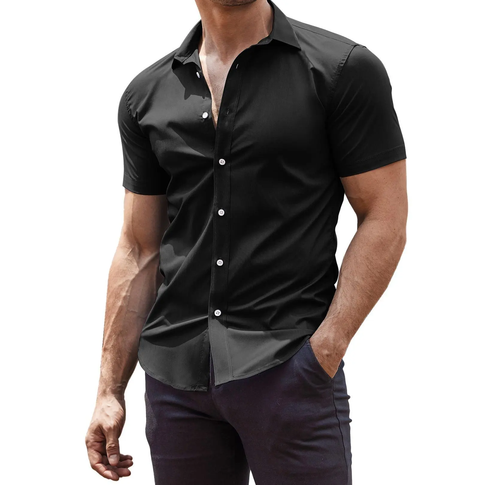 Coofandy Men's Black Short Sleeve Fitted Shirt - Breathable & Wrinkle-Free 4-Way Stretch Fabric for Casual Wear