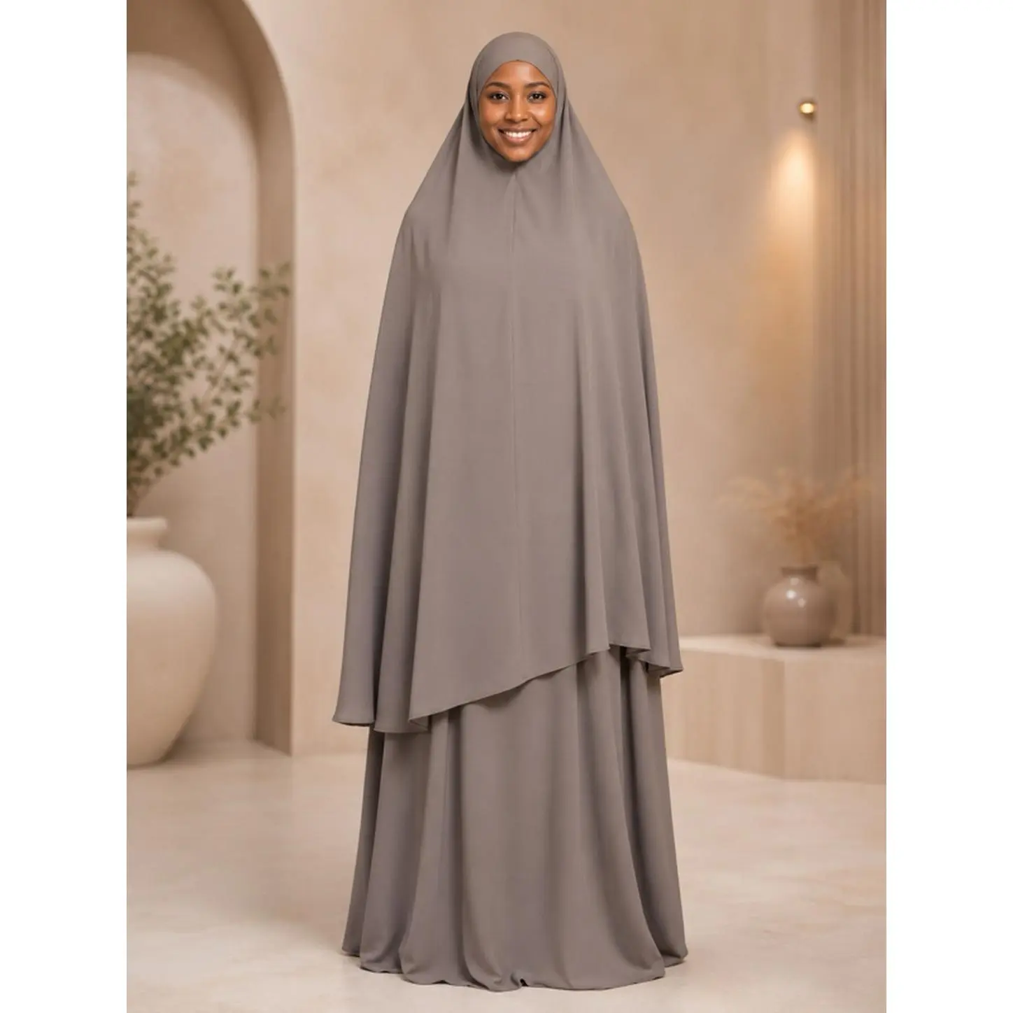 Grey Size 56 Elegant Two-Piece Islamic Prayer Set with Long Khimar & Full-Length Maxi Dress for Daily Salah Mosque Visits Ramadan Umrah Hajj Everyday Modest Wear
