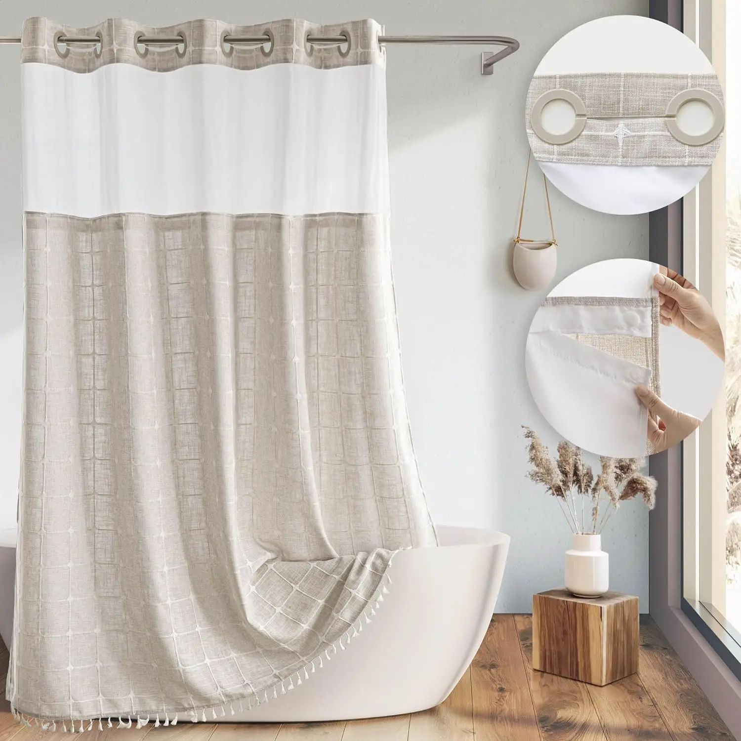Linen Striped Farmhouse French Country Shower Curtain - 71x74in Fabric Bathroom Curtain with Snap-In Liner, Tassels, Magnets, Water-Repellent, Machine Washable, No Hooks, Easy Installation, Lightweight for Rustic Bathrooms, Stripes, Hanging