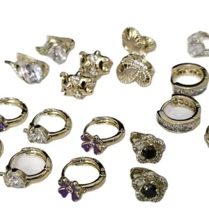 10 Pair Small Earrings 14k Gold Plated Assorted Designs with Diamonds and Gemstones for Women