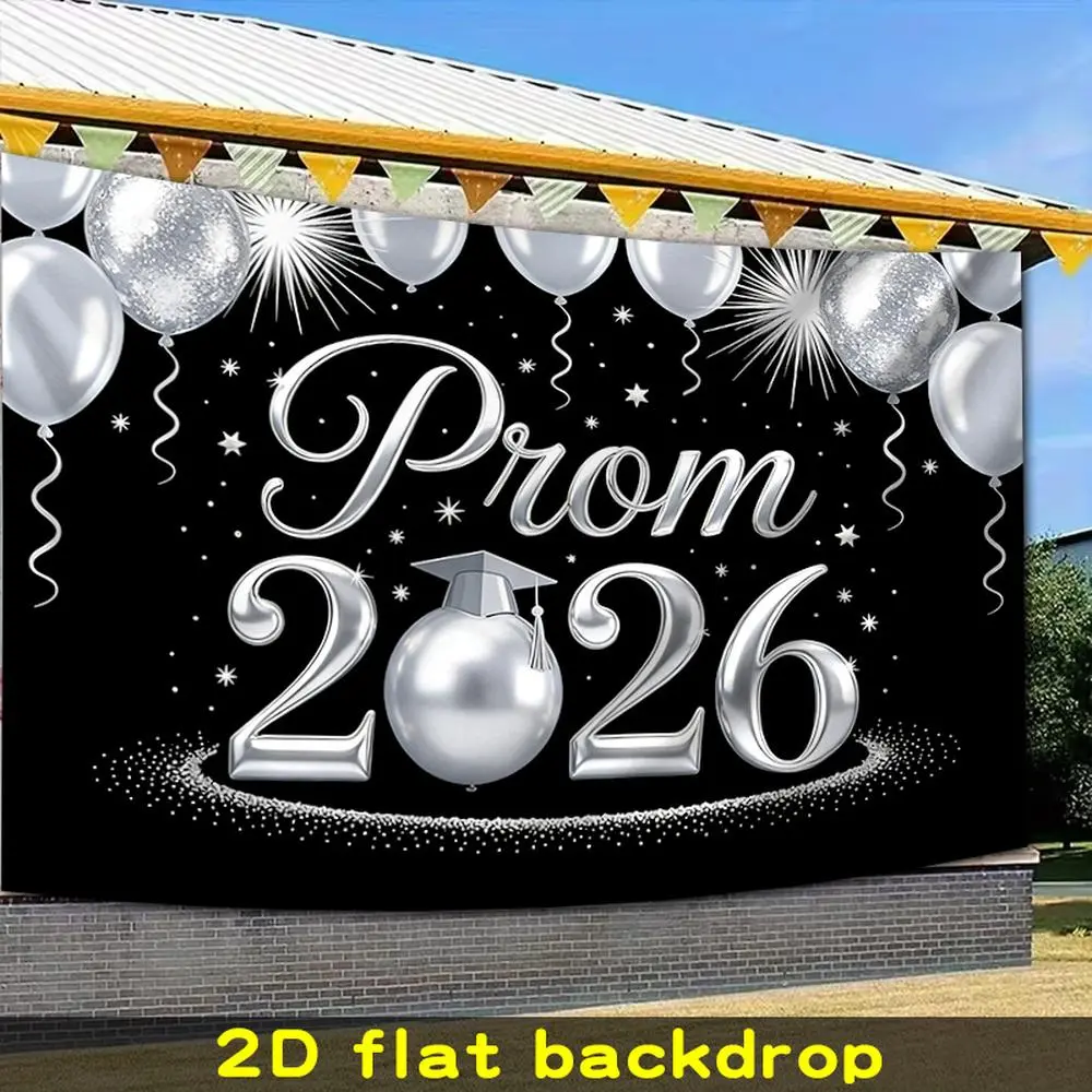 2D Flat - 2D Flat - 2D Flat Banner, 1pc Silver Black Prom 2026 Backdrop with Metallic Balloons And Graduation Cap Orb Graduation Season Background, Made of Polyester Fiber, Suitable for Graduation Parties, Home