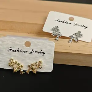 14K Gold Plated Double Piercing Cross Earrings - Stylish, Lightweight Non Tarnish Ear Stack Earrings for Women, Small Multi-Layered Double Stacked Costume Jewelry Accessory, Non Tarnish Earrings