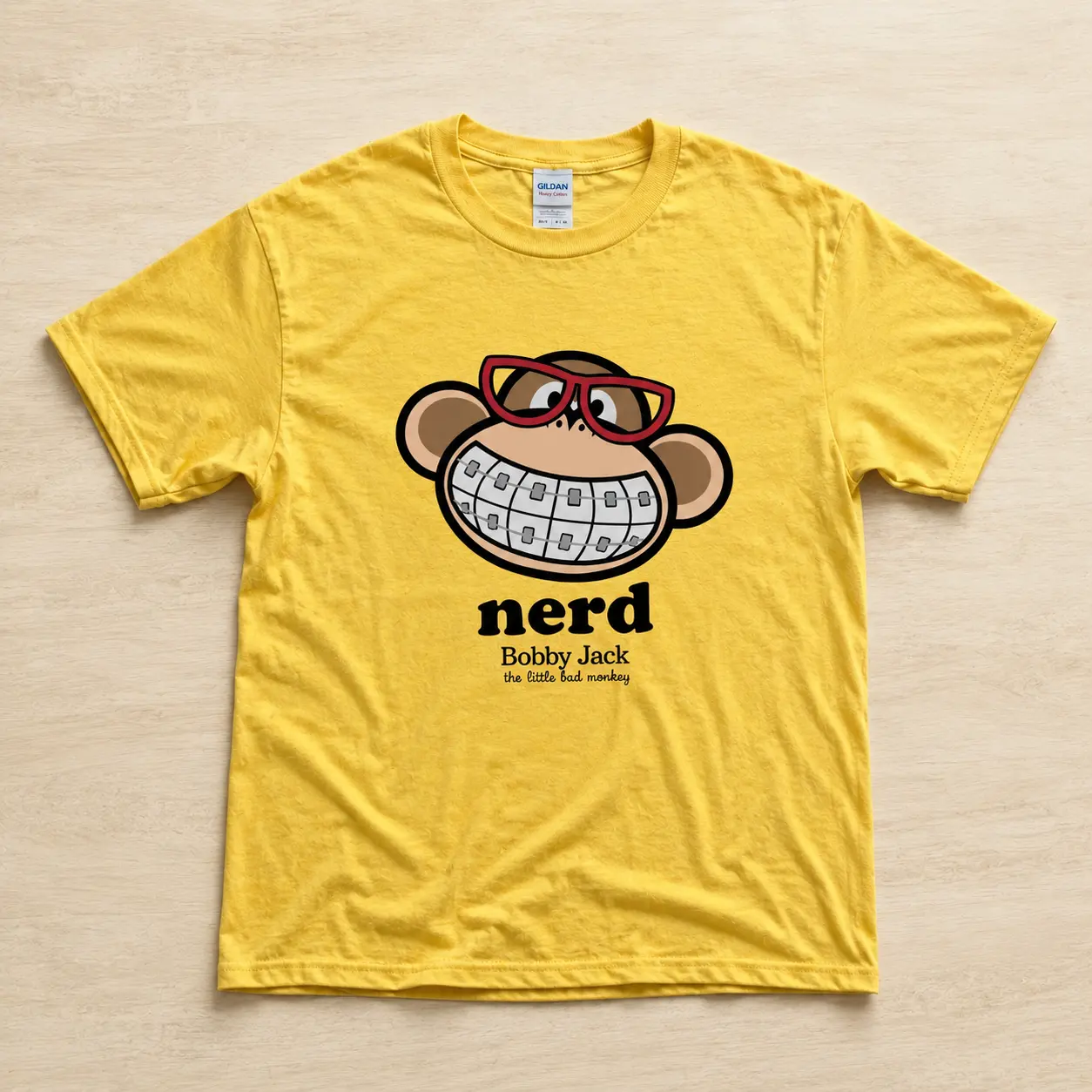 Bobby Jack Nerd Monkey Graphic Tee | Bright Yellow Playful Y2K Style Shirt | Comfy Everyday Retro Statement Piece