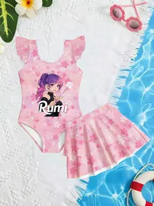 Girls' Cherry Swimsuit Set, Printed Boho Style, Slim-Fitting Skirted Two-Piece Swimwear, All over Print, No Ca Prop 65