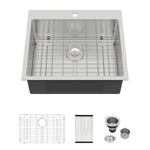 Logmey 25"x22" Kitchen Sink for Undercounter Installation,16 Gauge Top Mount Sink - Handcrafted Stainless Steel Bar Prep Sink with Single Bowl and Rounded Corners, Memorial day