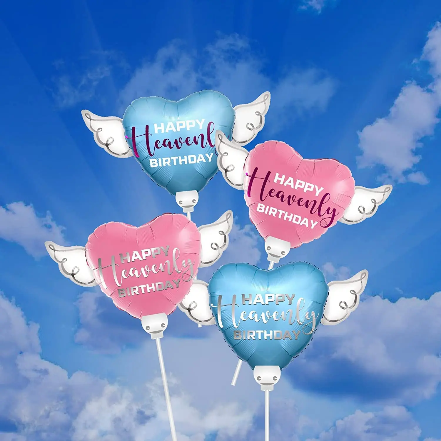 Happy Heavenly Birthday Memorial Balloons on a Stick 8" – Variety 4-Pack | Blue & Pink Angel Wings