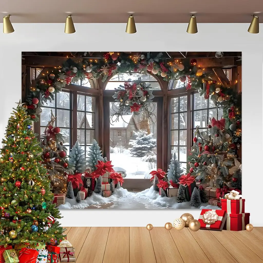 Christmas Themed Polyester Window Backdrop Banner, 1-Count Snow Scene Background Cloth, Home Party Decoration Supplies for Living Room Bedroom, Banners, Single