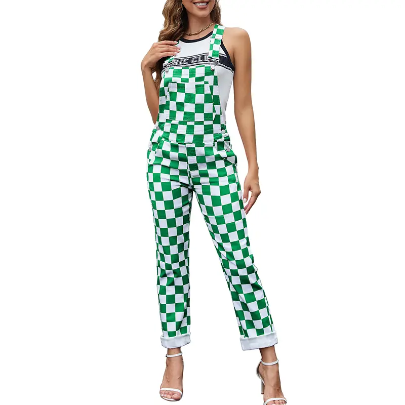 ODEFOU Women's St. Patrick's Day Green Checkered Cotton Sleeveless Fitted Overalls - Adjustable Stretch Denim Bibs, Lumbar Support, All-Seasons Work Jumpsuit, Flag-Themed Gift for Mom, Jeans, Party, Plaid, Christmas Gift, Teacher Gift, Elastane