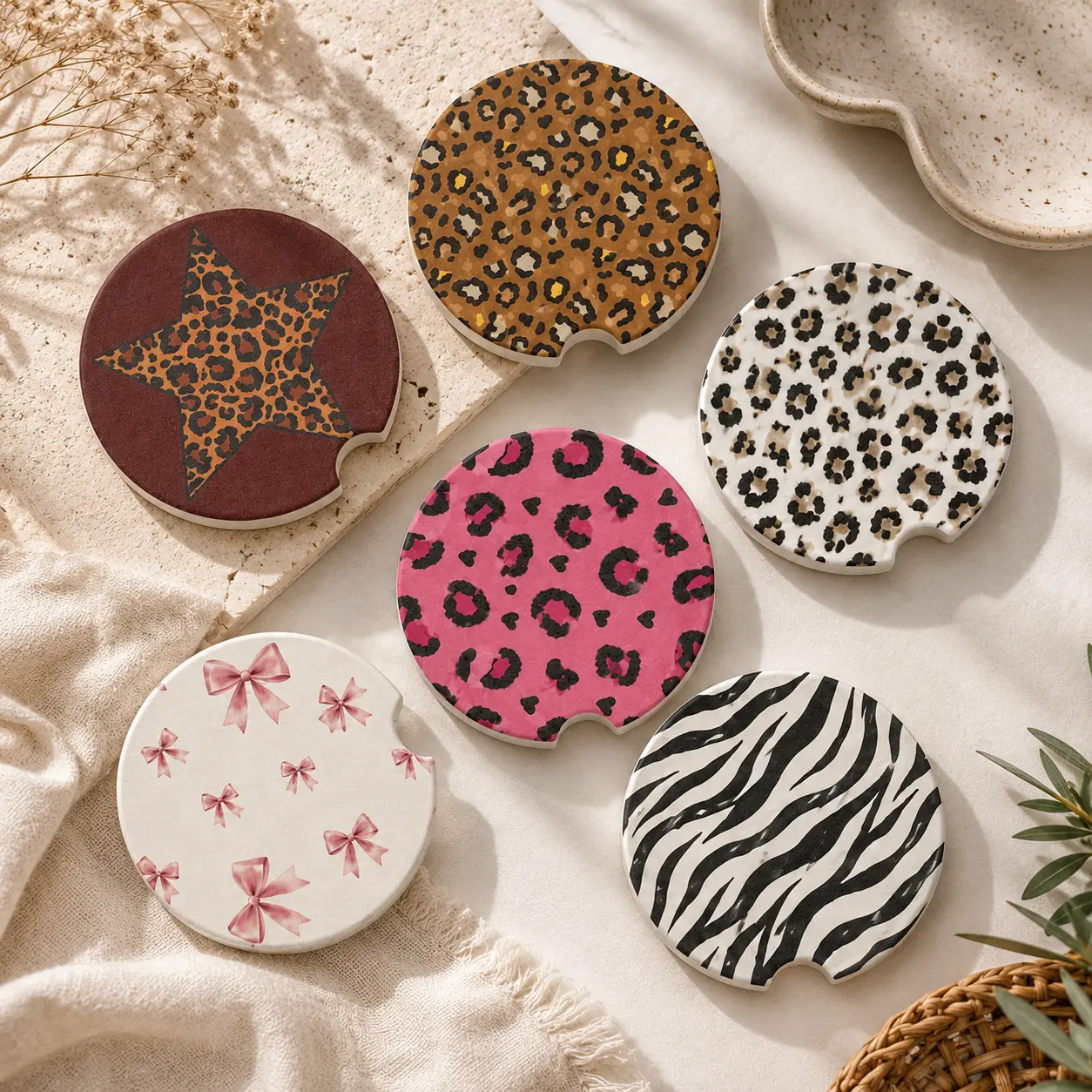 Leopard Print Car Coaster Set,Pink Bow Coquette Car Cup Holder Coasters, Zebra Animal Print Soapstone Coasters, Car Accessories, Cute Auto Interior Decor, Gift for Women, Absorbent Car Coaster