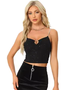 INSPIRE CHIC Sparkly Rhinestones Sleeveless Cut Out Spaghetti Straps Cocktail Party Crop Tank Top