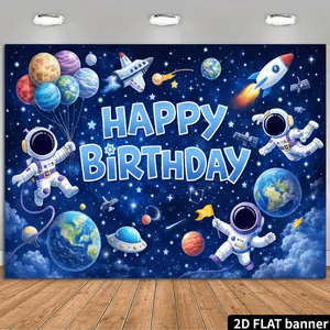 Space Happy Birthday Party Banner Backdrop Tapestry, Dark Blue Starry Sky Birthday Background with Happy Birthday Lettering, Floating Astronaut, Colorful Planets and Moon Design, Party Wall Decor Photography Background