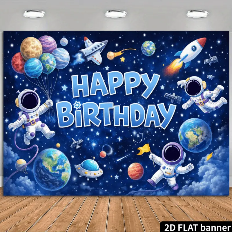 Space Happy Birthday Party Banner Backdrop Tapestry, Dark Blue Starry Sky Birthday Background with Happy Birthday Lettering, Floating Astronaut, Colorful Planets and Moon Design, Party Wall Decor Photography Background