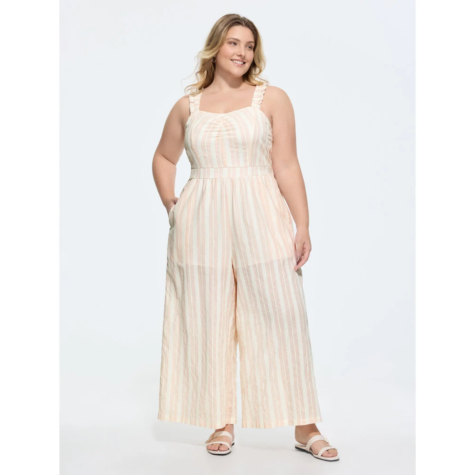 BLOOMCHIC Women's Plus Size Cotton-Polyester Sheer Striped Leisure Overalls - Shirred-Strap, Smooth Fabric, Regular Length, Hidden Pocket Garment, Summer Casual Wear [M-6X, 22-24/3X] - Cold Wash, Garment Fit, Stripes