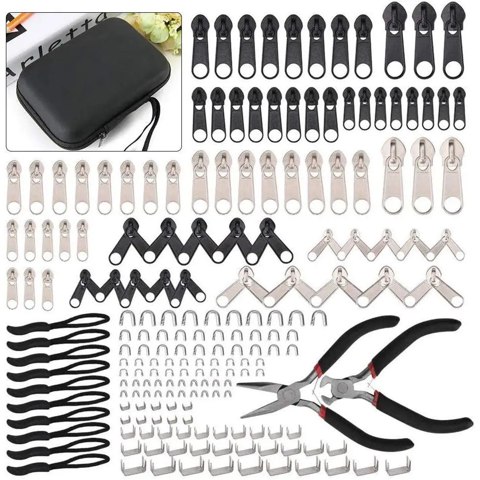 Zipper Repair Kit 197 count, Zipper Replacement with Two Installation Pliers for Sleeping Bags, Jacket, Tent, Luggage, Backpacks