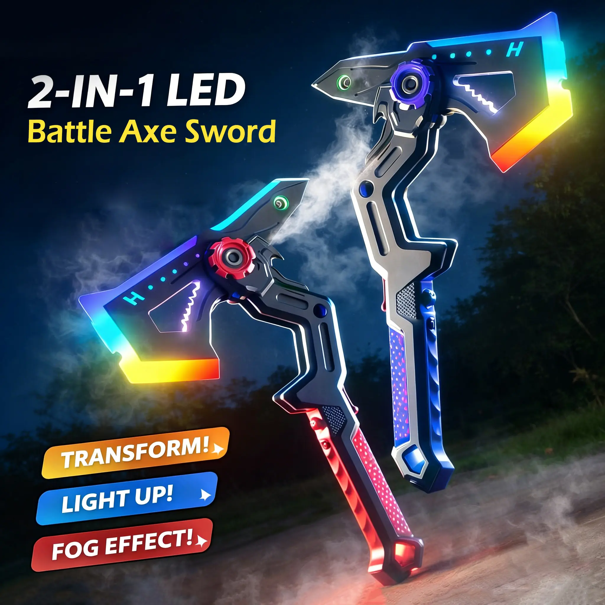 RGB LED Transforming Axe Sword Toy, Combinable Light Up Saber with Mist Spray, 1-Button Switch, Collision-Activated Sound, Type-C Rechargeable, Ideal Gift for Toy Swords & Sabres Enthusiasts
