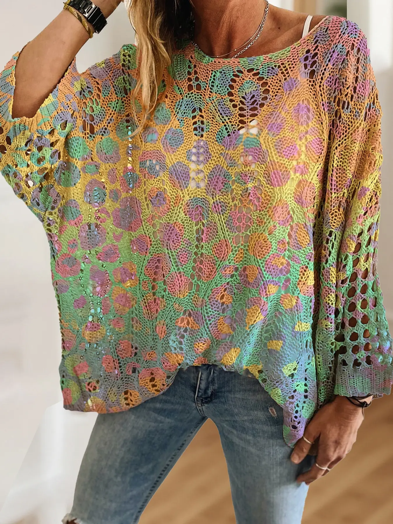 Women's Gradient Colorblock Long Batwing Sleeve Knit Loose Fit Hollow Out Top, Casual Elegant Vacation Style Sweater, Valentine's Day Knitwear, Plus Size