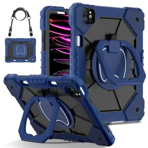 Shockproof Protective Case, Tablet Protective Cover for iPad Pro (M5) & iPad (A16) / iPad Air M4 / iPad Mini - Rotating Stand with Pencil Holder & Shoulder Strap - Drop-Proof Cover for Kids/Adults - Navy Blue+Black