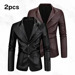 Men's Two Piece Leather Suit Jacket Light Luxury Business Casual Style Single Breasted Fleece Lined Slim Fit with Multiple Pockets for Urban Young Men Daily Commuting winter outfits men fathersdaygift