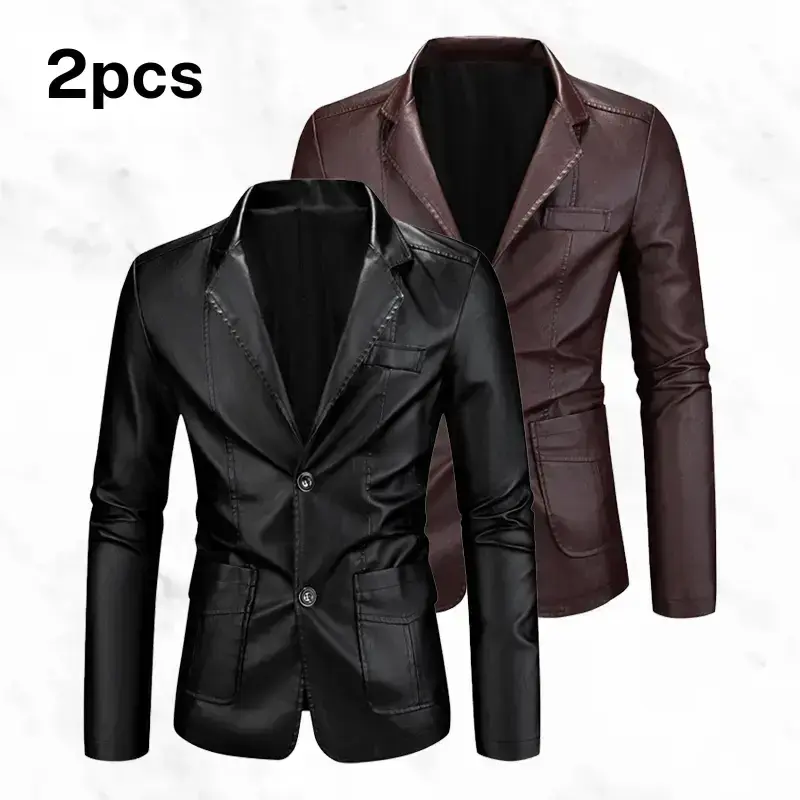 Men's Two Piece Leather Suit Jacket Light Luxury Business Casual Style Single Breasted Fleece Lined Slim Fit with Multiple Pockets for Urban Young Men Daily Commuting winter outfits men fathersdaygift