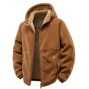 Men's Warm Thick Hooded Jacket, Heavyweight Fleece Coat with Zipper Closure, Suitable for Outdoor Activities in Cold Weather during Autumn and Winter, Everyday Commuting, Full-Length Zipper and Fleece Lining for Warmth, Menswear Tops Casual Caramel Color